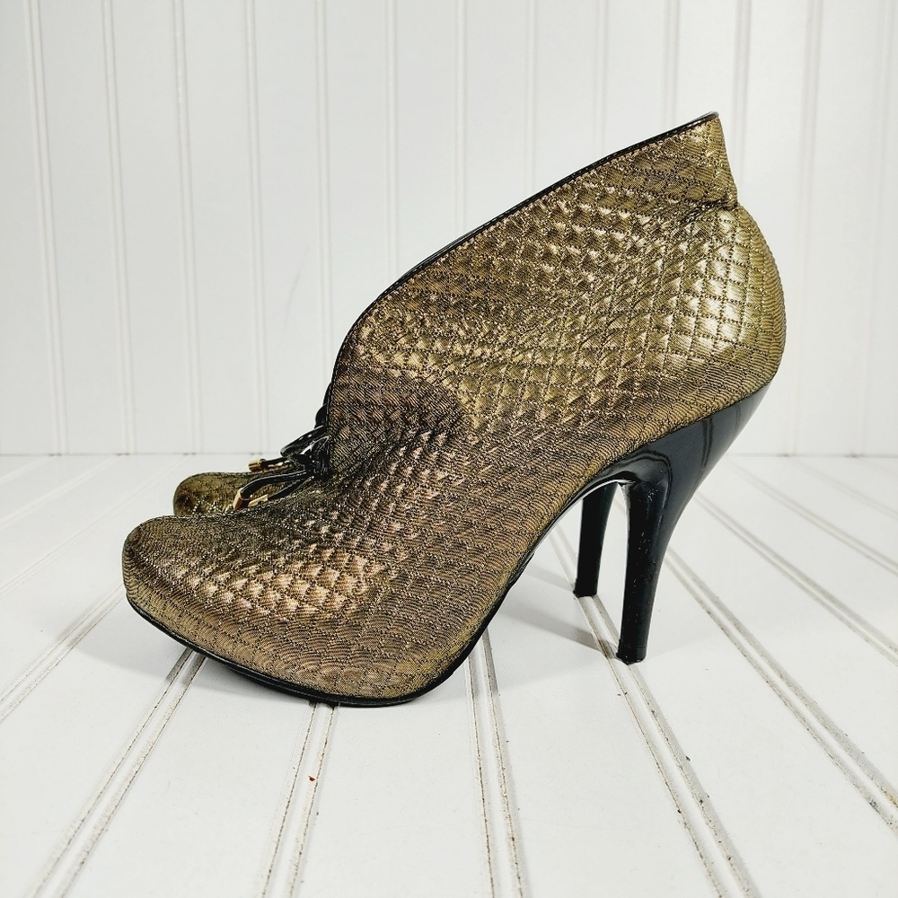BCBGirls Gold Woven Leather Slip On Lace Up Luxurious Heeled Ankle Boots A72